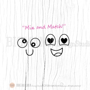 May include: A black and white illustration of two cartoon faces with different expressions. The text "Mix and Match!" is above the faces.