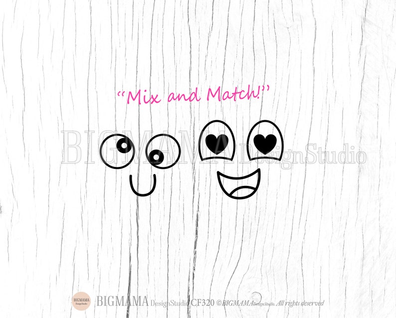 May include: A black and white illustration of two cartoon faces with different expressions. The text "Mix and Match!" is above the faces.