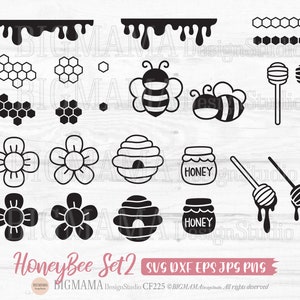 Puede incluir: Un conjunto de archivos de corte SVG con temática de abejas y miel en blanco y negro. El conjunto incluye abejas, panales, tarros de miel, flores y miel goteando. El texto "HoneyBee Set 2" está incluido en la imagen.