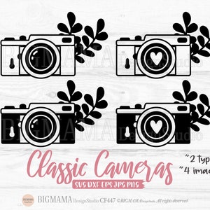 May include: Four black and white camera illustrations with a leafy branch. Two cameras have a heart in the lens and two cameras have a circle in the lens. The text "Classic Cameras" is in pink with the text "SVG DXF EPS JPG PNG" below it. The text "2 types" and "4 images" is in black.