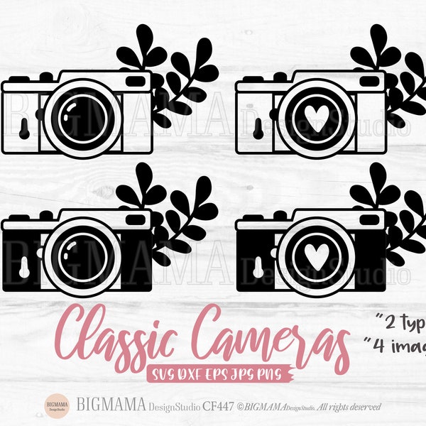 Camera SVG,Classic Camera svg,Photography,Camera with heart,leaves,DXF,Camera cut file,Cricut,Silhouette,Outline,Instant download_CF447