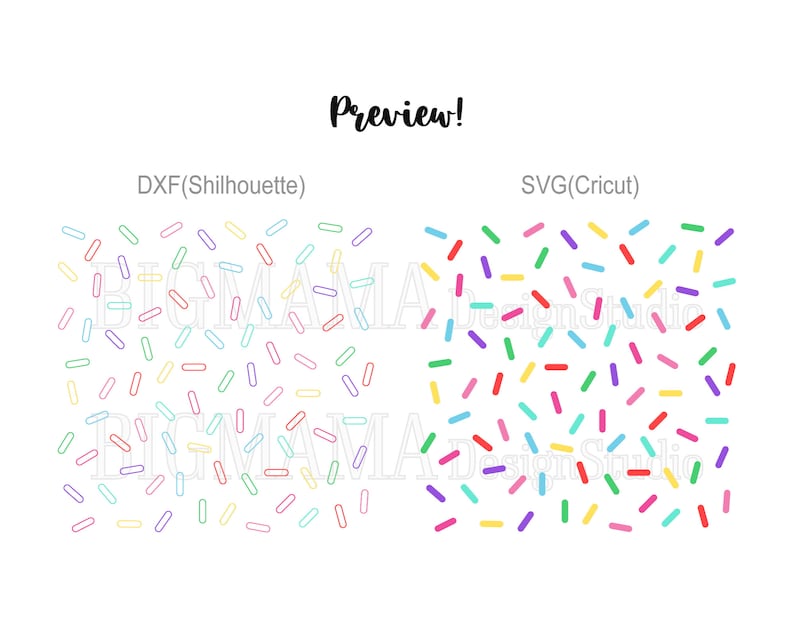 May include: A digital design file preview showing two different formats of a colorful sprinkle pattern. The left side shows a DXF (silhouette) format and the right side shows an SVG (Cricut) format.