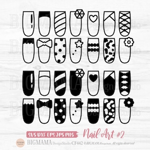 Puede incluir: Un conjunto de 20 diseños de arte de uñas en blanco y negro. Los diseños incluyen un diamante, un corazón, un lazo, lunares, estrellas, rayas e estampado animal.