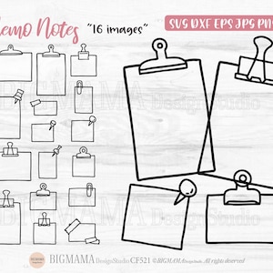 May include: A collection of black and white line drawings of memo notes, clipboards, and sticky notes. The image includes the text "Memo Notes" and "16 images" in pink. The text "SVG DXF EPS JPG PNG" is also present.