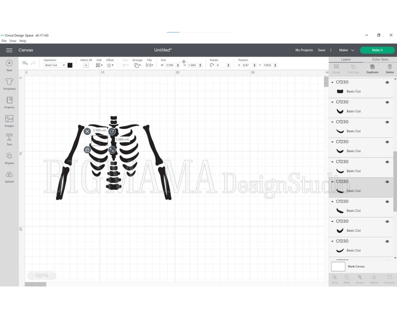 May include: A black skeleton design displayed on a Cricut Design Space canvas. The design includes the rib cage, arms, and legs. The software interface shows various tools and options for editing and cutting the design.