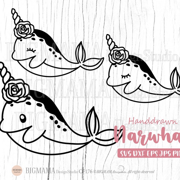 Narwhal SVG,Floral,Unicorn Whale,Narwhale With Flower,Baby Shower,Cricut,Cut File,Shirt,DXF,Birthday,PNG,Silhouette,Instant download_CF176