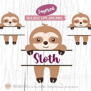 以下が含まれることがあります： 紫色の「Sloth」という文字が書かれた看板にぶら下がっている、かわいい漫画のナマケモノが描かれた、重ねられたデジタルカットファイルです。ファイルはSVG、DXF、EPS、JPG、PNG形式で入手できます。