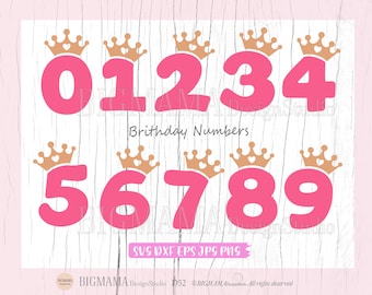 May include: Pink numbers 0-9 with gold crowns on top. The numbers are for a birthday celebration. The text "Birthday Numbers" is below the numbers.