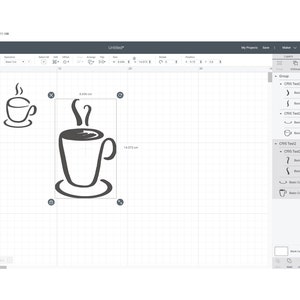 May include: A black and white illustration of a coffee cup with steam rising from it. The cup is on a saucer. The image is 14.073 cm tall and 8.086 cm wide.