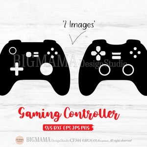 May include: Two black and white images of a video game controller. The text 'Gaming Controller' is below the images. The text 'SVG DXF EPS JPG PNG' is below the text 'Gaming Controller'.