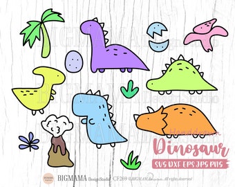 May include: A set of nine hand-drawn dinosaur illustrations in various colors, including yellow, blue, green, purple, and orange. The dinosaurs are in different poses, some are walking, some are standing, and some are lying down. The illustrations are on a white wooden background with the text "Hand-drawn Dinosaur SVG DXF EPS JPG PNG" at the bottom.