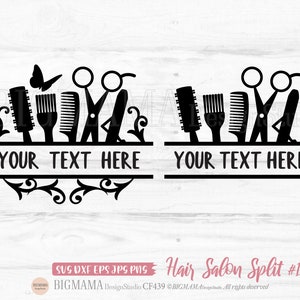 May include: Black and white silhouette design of hair salon tools, including scissors, combs, and a brush, with the text "YOUR TEXT HERE" on a banner. The design is split into two sections, with a butterfly above the tools on the left side.