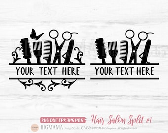 May include: Black and white silhouette design of hair salon tools, including scissors, combs, and a brush, with the text "YOUR TEXT HERE" on a banner. The design is split into two sections, with a butterfly above the tools on the left side.