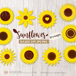 Puede incluir: Diez imágenes digitales de girasoles en varios estilos. Los girasoles son amarillos con centros marrones. Las imágenes están en formatos SVG, DXF, EPS, JPG y PNG. El texto "Sunflower - 10 images" está en una etiqueta marrón.