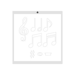May include: A white sheet of paper with a treble clef, musical notes, a sharp symbol, a flat symbol, and a rest symbol.