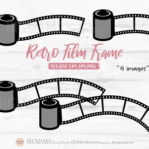 May include: Black and white silhouette of a film strip with four frames. The film strip is curved and has a film canister at each end. The text "Retro Film Frame" is written in pink below the image. The text "SVG DXF EPS JPG PNG" is written in white below the film strip. The text "4 images" is written in white below the text "SVG DXF EPS JPG PNG".