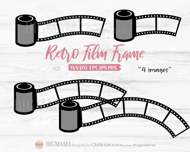 May include: Black and white silhouette of a film strip with four frames. The film strip is curved and has a film canister at each end. The text "Retro Film Frame" is written in pink below the image. The text "SVG DXF EPS JPG PNG" is written in white below the film strip. The text "4 images" is written in white below the text "SVG DXF EPS JPG PNG".