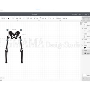 May include: A black skeleton leg and pelvis design is displayed on a computer screen. The design is part of a crafting project in Cricut Design Space. The text "BIG MAMA Design Studio" is visible in the background.