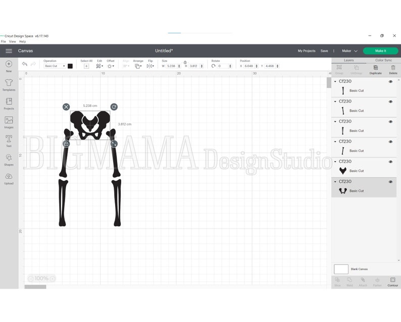 May include: A black skeleton leg and pelvis design is displayed on a computer screen. The design is part of a crafting project in Cricut Design Space. The text "BIG MAMA Design Studio" is visible in the background.