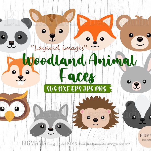 Woodland Animal Face SVG,Cut File,Bundle,Layered,Bear Svg,Fox,Reindeer,Birthday,Rabbit,Cute,Clipart,Cricut,Silhouette,Instant download_BD13