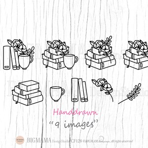 May include: A set of nine black and white line drawings of stacked books with flowers and a cup. The text "Handdrawn" and "9 images" is included in the image.