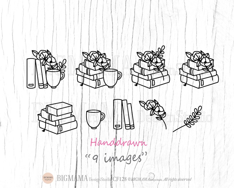 May include: A set of nine black and white line drawings of stacked books with flowers and a cup. The text "Handdrawn" and "9 images" is included in the image.
