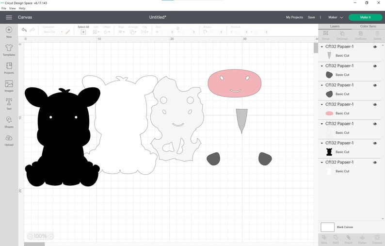 Puede incluir: Un dise&ntilde;o de silueta de vaca en blanco y negro con una nariz rosa y manchas negras. El dise&ntilde;o est&aacute; separado en capas para facilitar el corte.