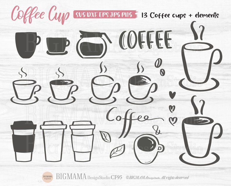 May include: A set of 13 black and white coffee cup illustrations, including mugs, to-go cups, and a coffee pot. The illustrations are on a white woodgrain background with the text "Coffee Cup" and "COFFEE" in black.
