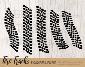 Puede incluir: Cinco diseños de huellas de neumáticos negros con un patrón texturizado. El diseño se llama "Tire Track 2" y está disponible en los formatos SVG, DXF, EPS, JPG y PNG. El texto "BIGMAMA Design Studio CF240" está en la parte inferior de la imagen.