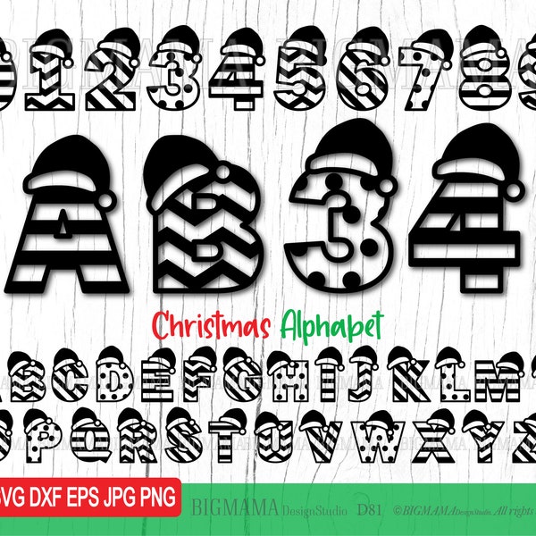 Christmas Alphabet SVG,Numbers,Letters,Bundle,Outline,Santa Hat,Monogram,PNG,Clipart,Cut File,Cricut,PNG,Font,Instant download_D81