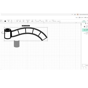 May include: Black and white film strip with a roll of film on the left side. The film strip is curved into an arc shape. The image is on a white background with a grid pattern.