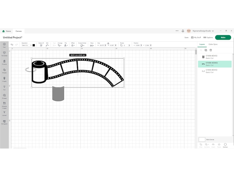 May include: Black and white film strip with a roll of film on the left side. The film strip is curved into an arc shape. The image is on a white background with a grid pattern.