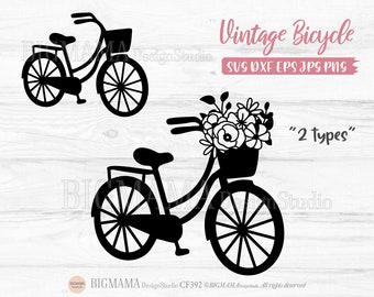 Bicycle With Flower Svg,Vintage Bicycle,Wildflower,Floral,Antique Bicycle,PNG,Bike,Cut File,Clipart,Cricut,Silhouette,Instant download_CF392