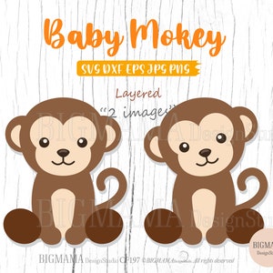 Puede incluir: Dos monos de dibujos animados marrones sentados con las piernas cruzadas. Los monos tienen pelaje marrón, caras blancas y ojos negros. El texto "Baby Mokey" está en la parte superior de la imagen. El texto "Layered" y "2 images" está debajo de los monos.