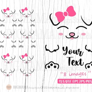 Puede incluir: Un conjunto de ocho archivos de diseño digital que presentan un lindo perro de dibujos animados con un lazo rosa. El perro tiene una cara sonriente y el texto "W your W Text" está debajo de la cara del perro.