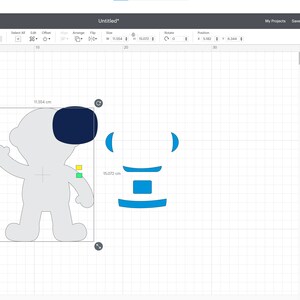 May include: A design for a blue and green astronaut with a helmet and a rocket ship. The design is created in a digital design program and is ready to be cut out.