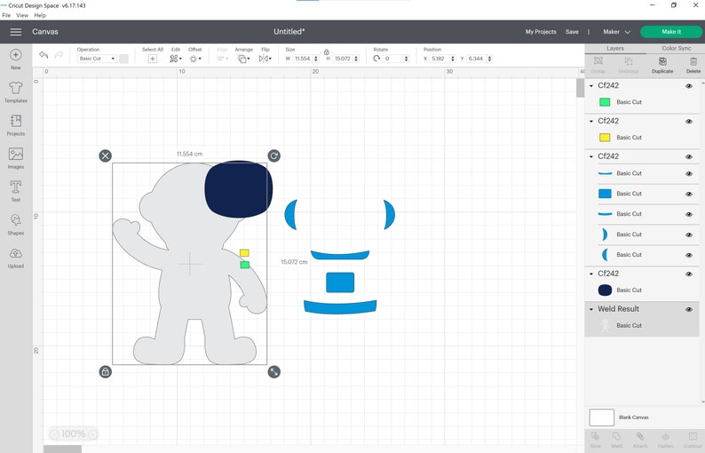 May include: A design for a blue and green astronaut with a helmet and a rocket ship. The design is created in a digital design program and is ready to be cut out.