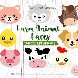 Farm Animal Face SVG, arquivo de corte de animal, pacote, em camadas, aniversário Svg, fofo, animal de estimação, PNG, rostos, zoológico, PNG, clipart, silhueta, download instantâneo_BD11