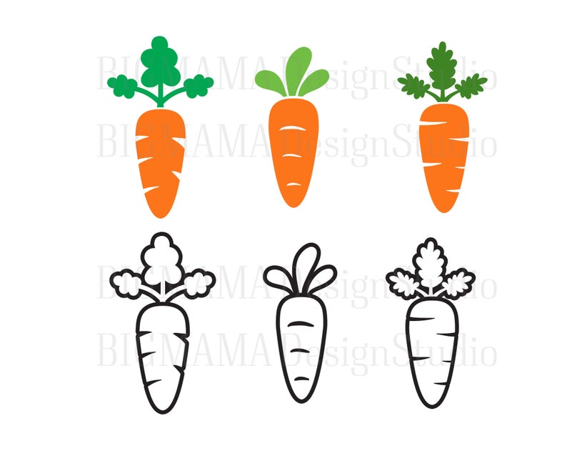 Puede incluir: Seis ilustraciones de zanahorias, tres en naranja y verde y tres en contorno negro. Las zanahorias son todas de la misma forma y tama&ntilde;o, con una parte superior verde frondosa y una ra&iacute;z naranja puntiaguda.