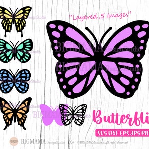 Puede incluir: Cinco imágenes superpuestas de mariposas en diferentes colores y patrones. Las mariposas están delineadas en negro y tienen un efecto de capas. El texto "Layered, 5 Images" está en la parte superior de la imagen. El texto "Butterflies" está en la parte inferior de la imagen. El texto "SVG DXF EPS JPG PNG" está debajo de la palabra "Butterflies".