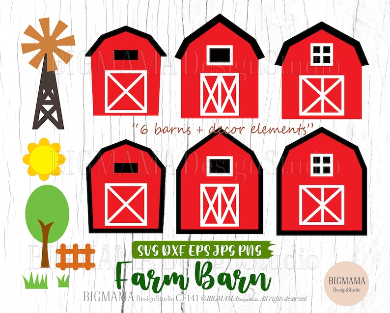 May include: Six red barn illustrations with white accents, including windows and doors.  There are also illustrations of a windmill, a sunflower, a tree, and a fence.  The text "6 barns + decor elements" is included in the image.