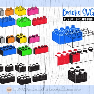 May include: A digital design file for cutting out various shapes of building blocks. The design includes different colors, including red, blue, green, yellow, orange, and black. The file is for use with a cutting machine and is labeled "Bricks SVG".