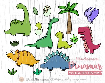 May include: A set of hand-drawn dinosaur illustrations in various colors, including green, red, blue, and yellow. The dinosaurs are in different poses, including standing, walking, and sitting. The illustrations are on a white wooden background. Handdrawn Dinosaur SVG DXF EPS JPG PNG