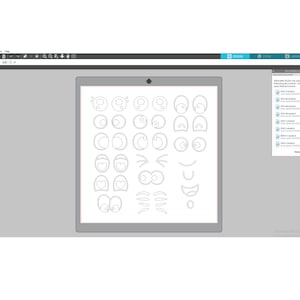 May include: A computer screen displaying a design program with a variety of eye and mouth shapes for creating cartoon characters.