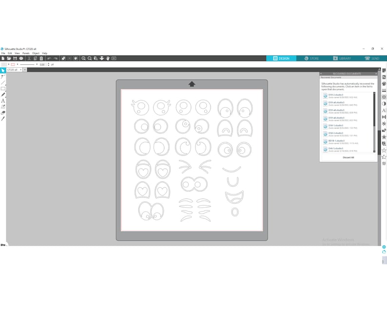 May include: A computer screen displaying a design program with a variety of eye and mouth shapes for creating cartoon characters.