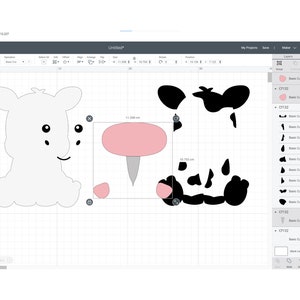 Puede incluir: La pantalla de un programa de dise&ntilde;o digital que muestra dos siluetas de animales, un ternero blanco y una vaca en blanco y negro, con acentos rosados y grises. El dise&ntilde;o est&aacute; listo para ser cortado con una m&aacute;quina Cricut.