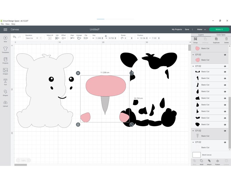 Puede incluir: La pantalla de un programa de dise&ntilde;o digital que muestra dos siluetas de animales, un ternero blanco y una vaca en blanco y negro, con acentos rosados y grises. El dise&ntilde;o est&aacute; listo para ser cortado con una m&aacute;quina Cricut.