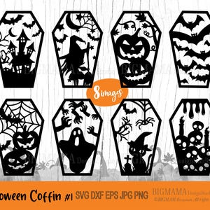 May include: Eight black and white Halloween coffin SVG cut files. The designs include a haunted house, a witch, a pumpkin, bats, a spider web, a ghost, a cat, and skulls.