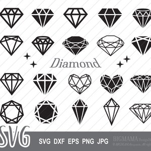 May include: A set of 16 black diamond SVG cut files. The diamond shapes include classic, heart, and geometric designs. The text "Diamond" is at the top of the image. The text "SVG DXF EPS PNG JPG" is at the bottom of the image. The text "BIGMAMA DesignStudio CF9" is at the bottom right of the image.
