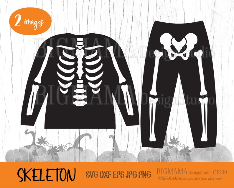 May include: Black long-sleeved shirt and pants set with a white skeleton design. The shirt features a rib cage and spine, while the pants display leg bones and pelvis. The word "SKELETON" is written in orange at the bottom. The image also includes the text "2 images".